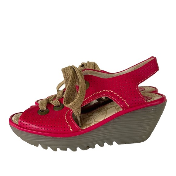 Fly London Red Yoli Wedge sandals size 37 -6.5-7